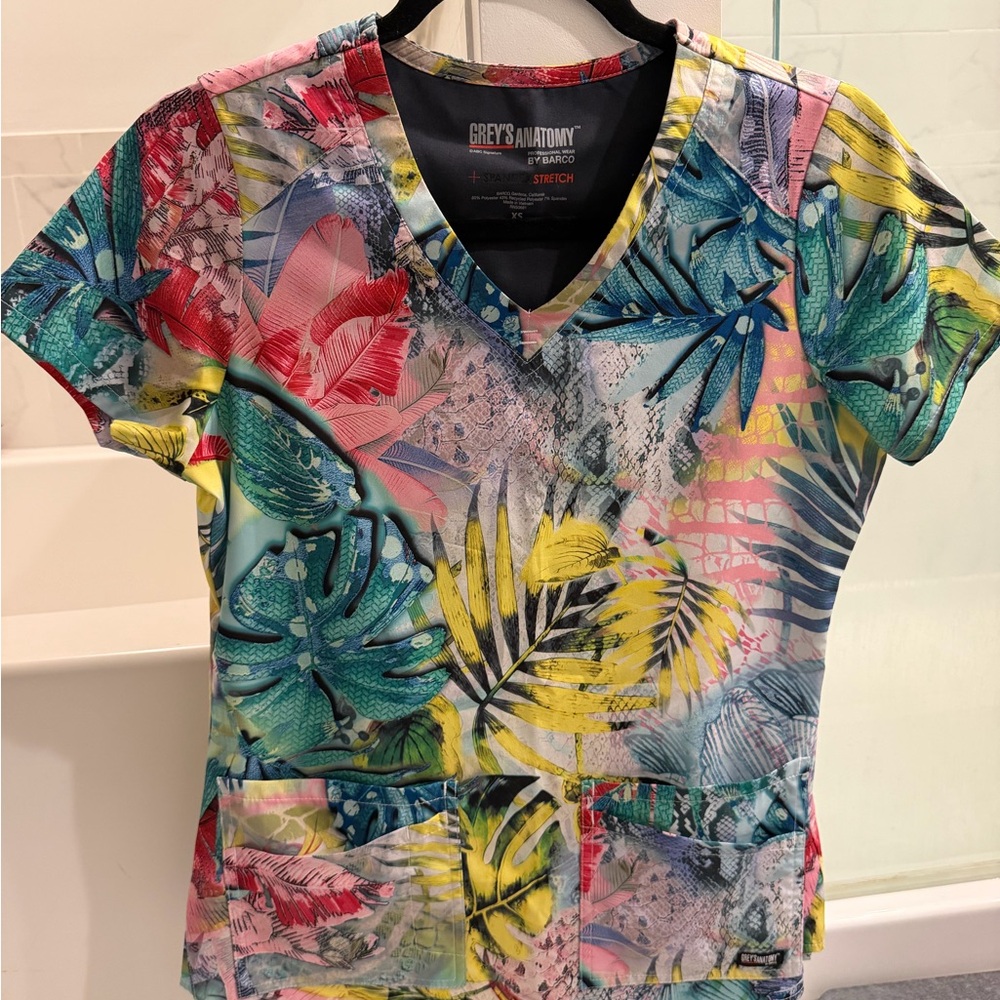Grey's Anatomy Tropical Leaf Print Scrub Top - Teal, Yellow, Pink